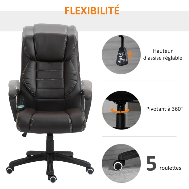Vinsetto Fauteuil de bureau massant  fauteuil bureau ergonomique grand confort hauteur réglable fonction dossier à bascule revêtement synthétique brun