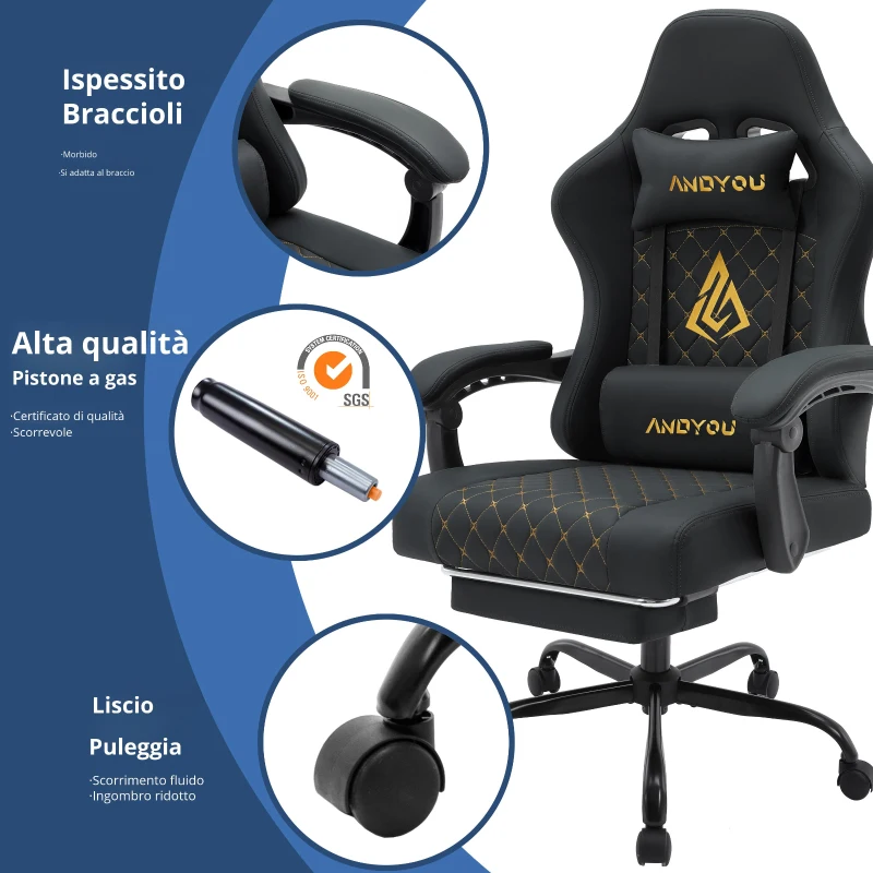 Sedia da gaming con poggiapiedi, morbido cuscino per collo e lombare, cuscini di supporto rimovibili, 60x60x122 cm, Nero
