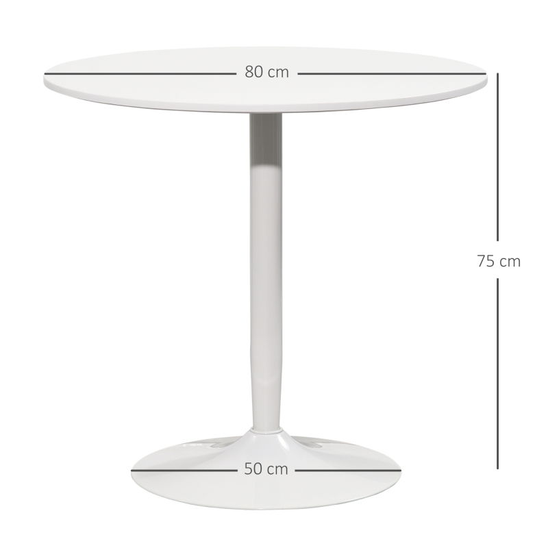 HOMCOM Eettafel voor 2 Personen, Ronde Tafelblad Ø80 cm, MDF en Staal, Antislip, Wit, 75H cm