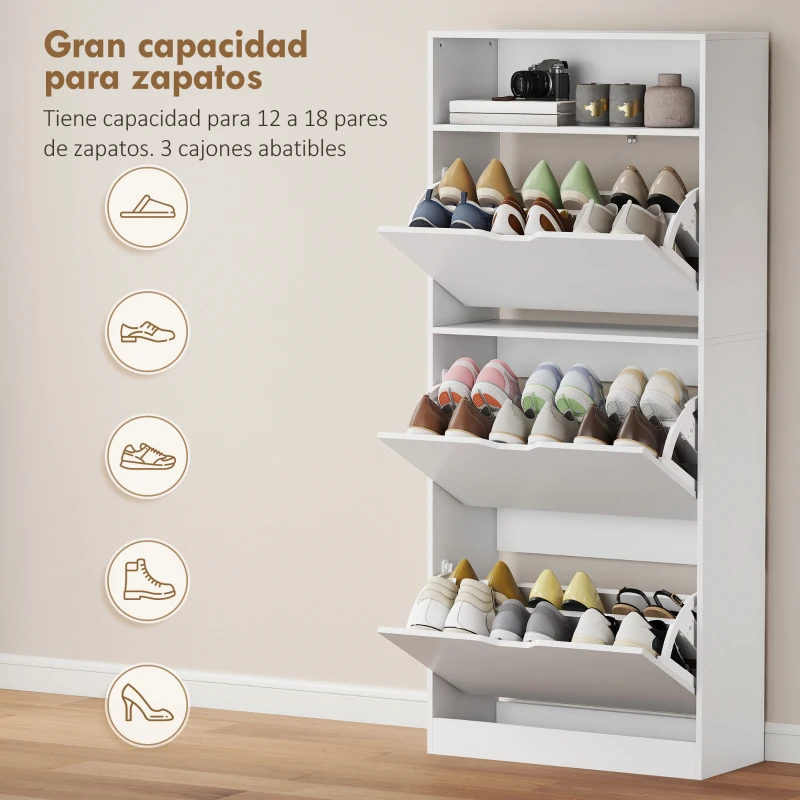 HOMCOM Zapatero Estrecho con 3 Cajones Abatibles Estantes Ajustables y Compartimento Abierto Capacidad para 12-18 Pares Blanco