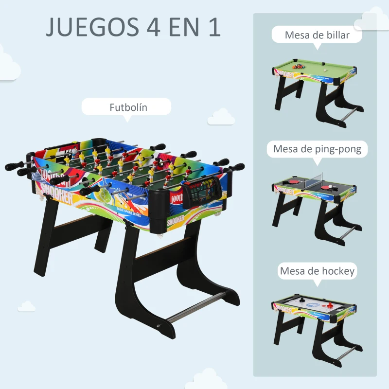 HOMCOM Mini Mesa Multijuegos Plegable 4 en 1 con Futbolín, Hockey, Billar y Ping-pong de Sobremesa 86,5x43,5x64 cm