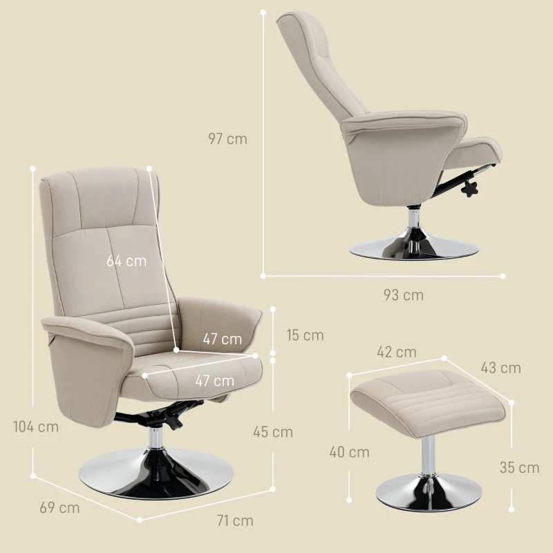HOMCOM Fauteuil relax inclinable 135° pivotant 360° avec repose-pieds revêtement tissu beige