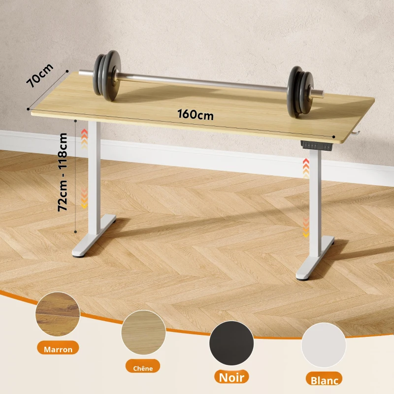 Bureau électrique assis-debout, système anti-collision, réglable en continu, 72–118 cm, 160x70x72-118 cm, coloris chêne