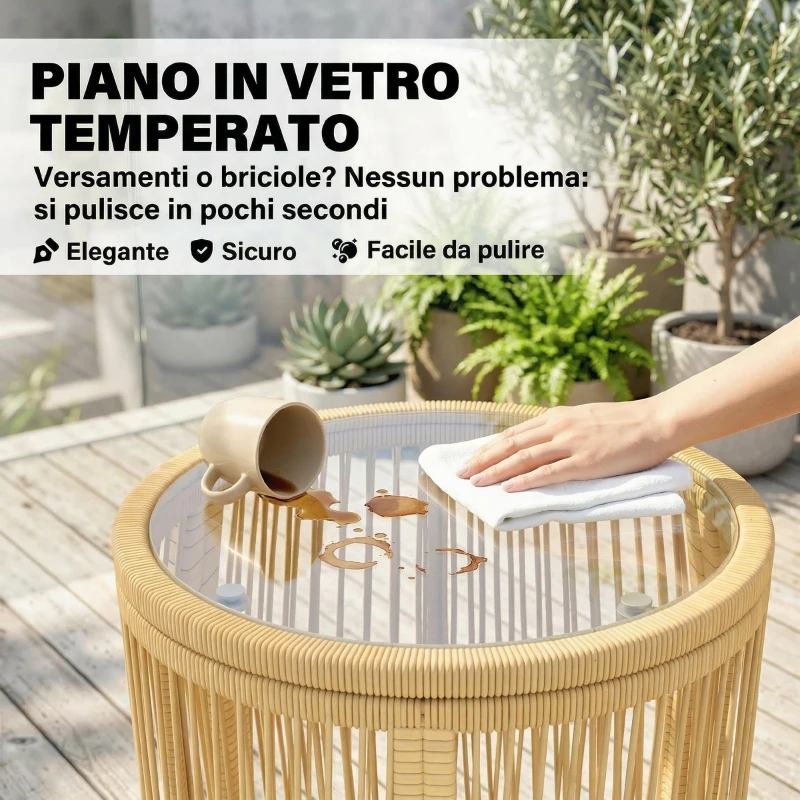 Outsunny Set da Bistrò da 3 Pezzi in Rattan e Acciaio con 2 Sedie, Tavolo Rotondo con Piano in Vetro Temperato, Beige