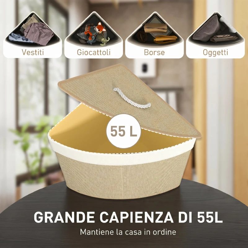 HOMCOM Cesto Portabiancheria Angolare da 55L con Sacco Estraibile e Coperchio Removibile, in Bambù, 35x35x60 cm, Color Legno