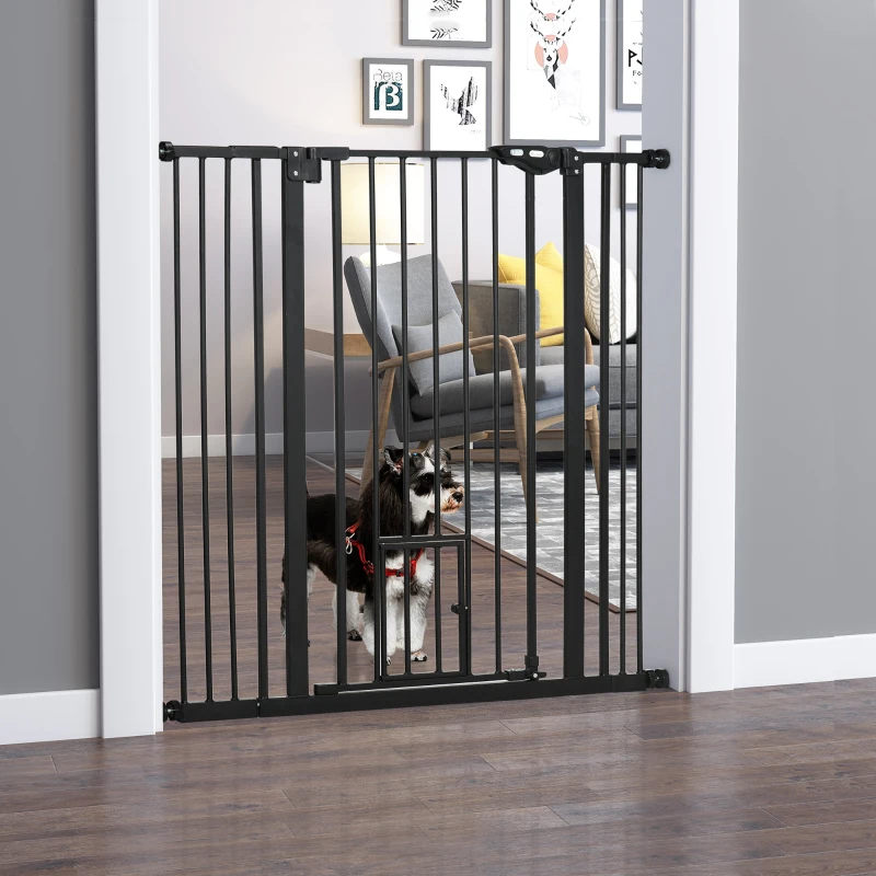 PawHut Barrera de Seguridad Extensible con Puerta Pequeña Cierre Automático y Sistema de Doble Bloqueo 74-101x104,1 cm Negro