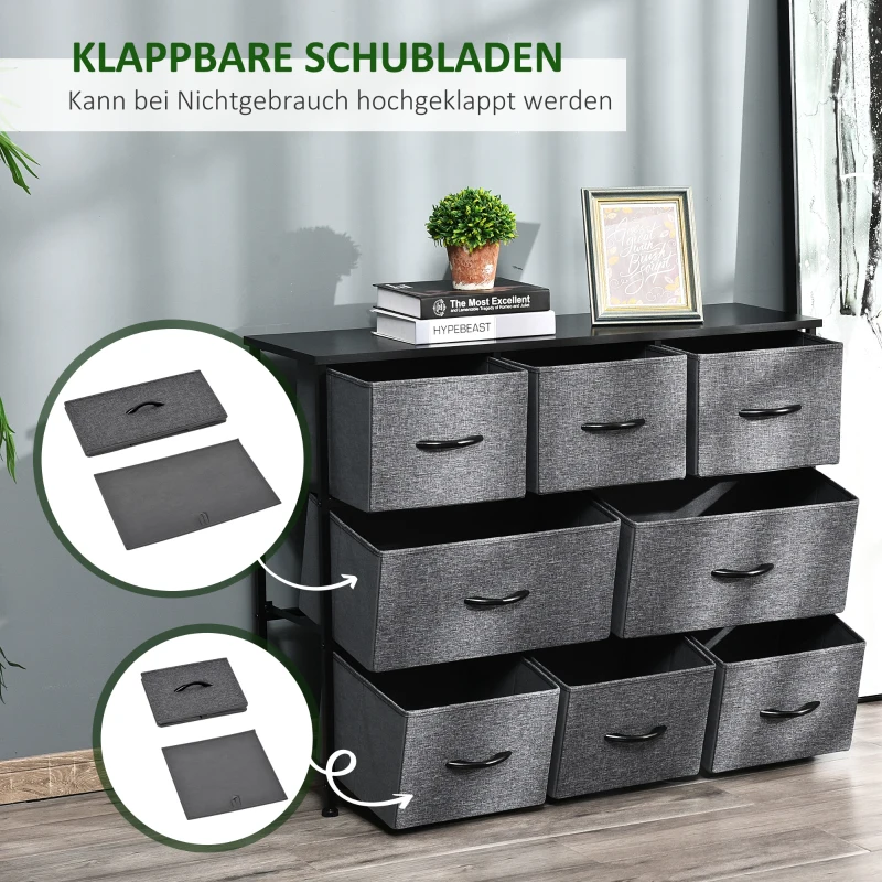 HOMCOM Ladekast met 8 Stoffen Lades, 2 Groot, 6 Klein, Metalen Frame, Kantelbeveiliging, Grijs