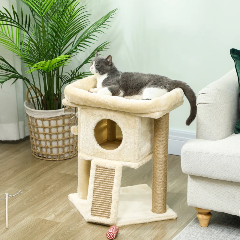 PawHut Krabpaal met Jute-Krabmat, Ligplatform, Speelbal, Kattenhuis, Beige, 40 x 40 x 57 cm