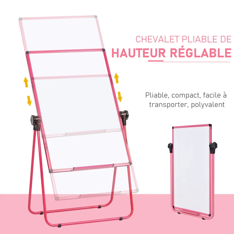 HOMCOM Chevalet de conférence pliable - tableau blanc magnétique double face - pivotant, réglable en hauteur 73L x 45l x 92-158H cm - rose