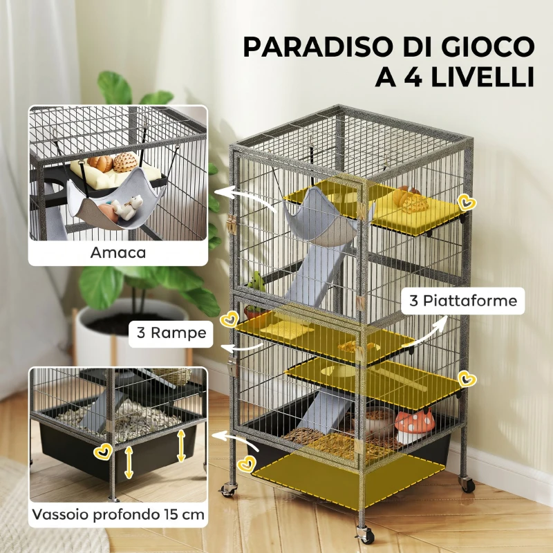 PawHut Gabbia per Piccoli Animali a 4 Livelli con Rampe, Piattaforme, Amaca e Ruote, 52x52x115 cm, Grigio