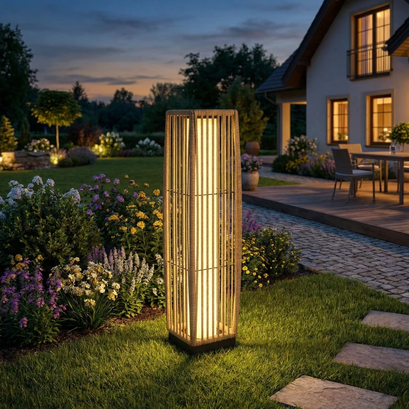 Outsunny Lampă de Podea Solară din Ratan, Lanternă de Grădină cu LED Auto On/Off, 68 cm, IP44, pentru Terasă, Curte, Patio, Maro Nisipiu