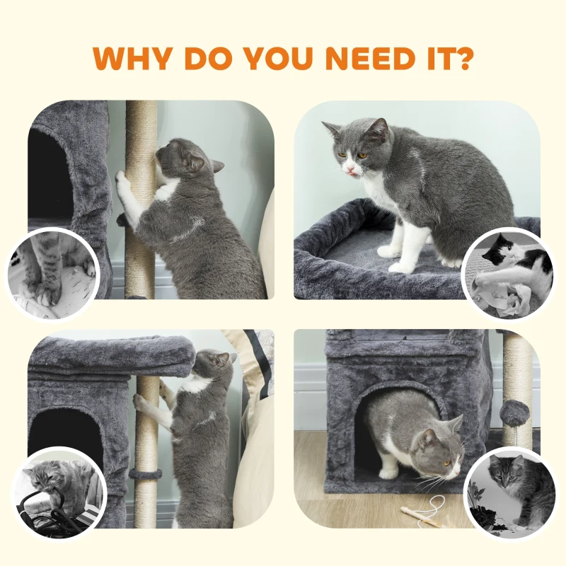 PawHut 66 cm Small Cat Tree for Large Cats, Cat Tower w/ Large Top Perch, 2 Condos, Sisal Scratching Post, Toy Ball, Dark Grey