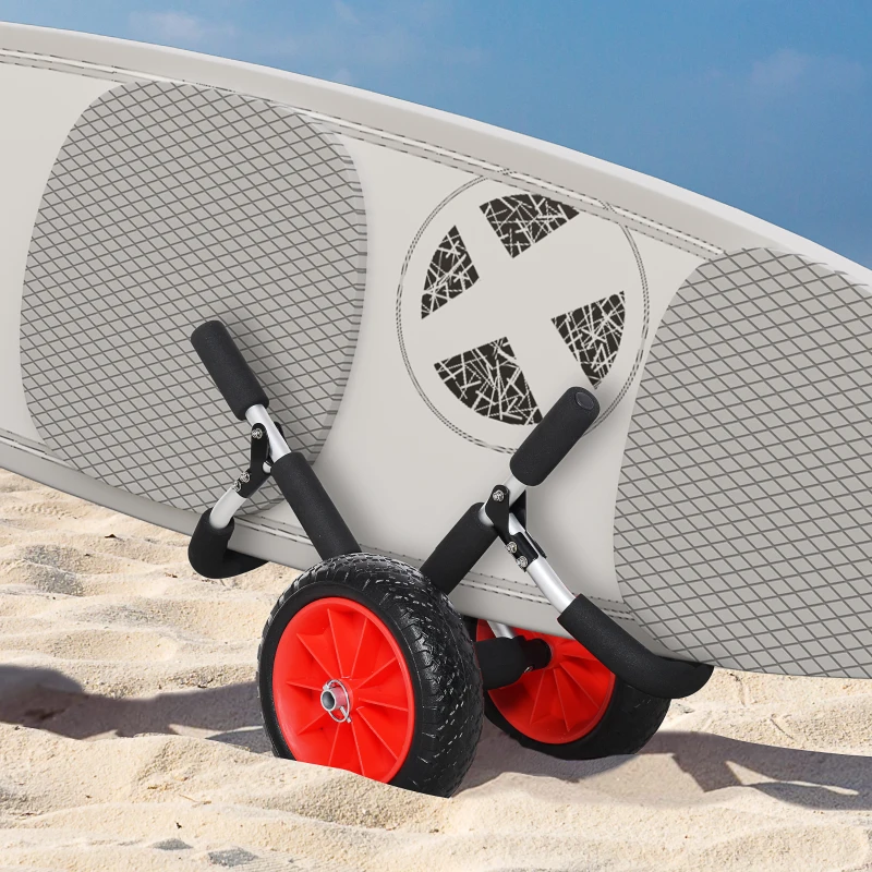 HOMCOM Carrito para Tablas de Surf Plegable con 2 Ruedas Carga 45 kg y Marco de Aluminio 64x55x38,5 cm Negro y Rojo