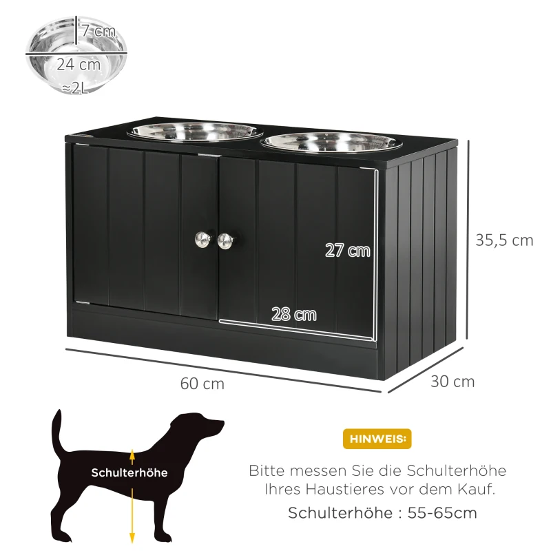 PawHut Verhoogd voerstation met 2 RVS kommen en 44 L opbergruimte, magnetische deuren, voor grote honden, zwart(m-3)