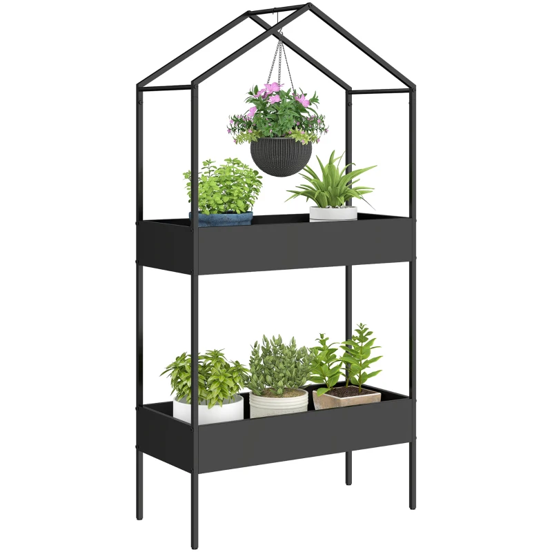 Outsunny 2-laags plantenstandaard in huisvorm, 150 cm hoge plantenstandaard met haak, metaal, zwart