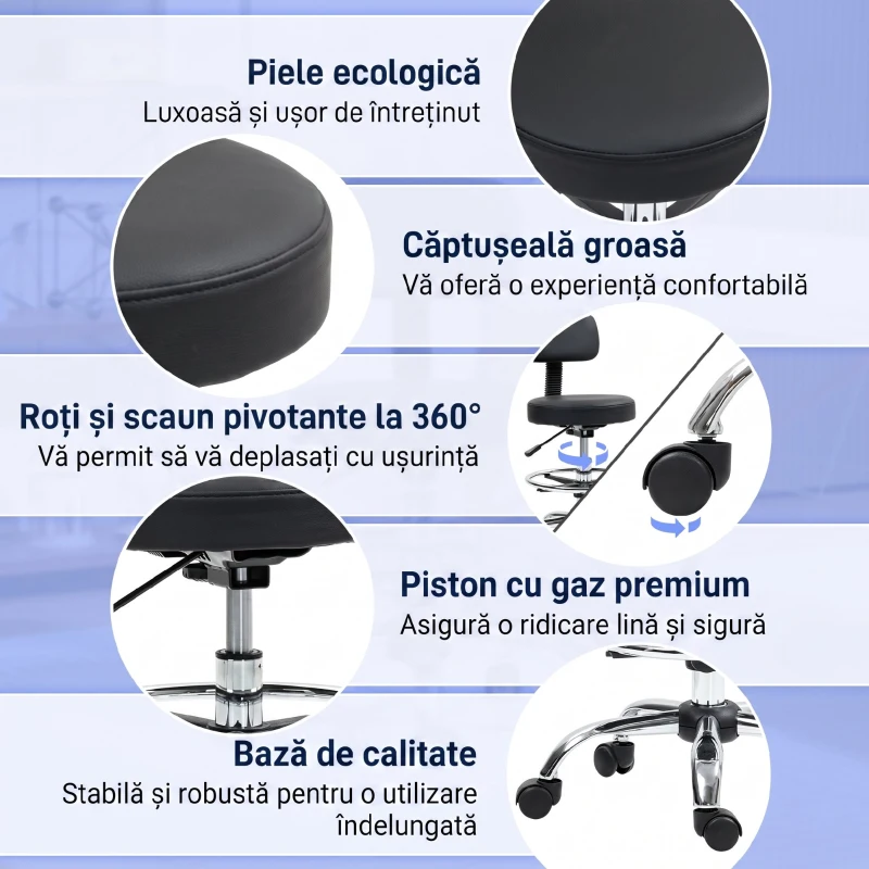 HOMCOM Scaun rotativ cu înălțime reglabilă și suport pentru picioare, din oțel, piele ecologică și spumă, 52x52x78-92 cm, negru