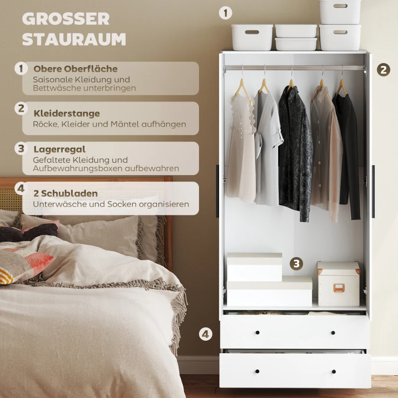 HOMCOM Kledingkast, 2 deuren, hanggedeelte, kledingstang, 2 lades, MDF, wit(m-4)