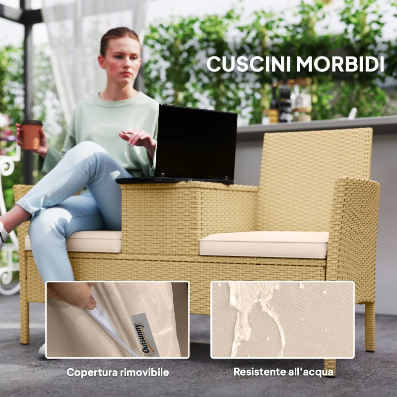 Outsunny Panca da Giardino con Tavolino a Ribalta Portaoggetti, in Rattan e Acciaio, 134x58x82 cm, Crema e Cachi