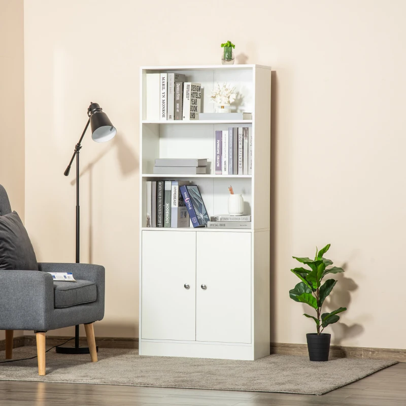 HOMCOM Estantería Librería con 3 Compartimentos Abiertos y 1 Armario con Estante Ajustable Almacenaje para Salón Estudio 70x29,5x167 cm Blanco