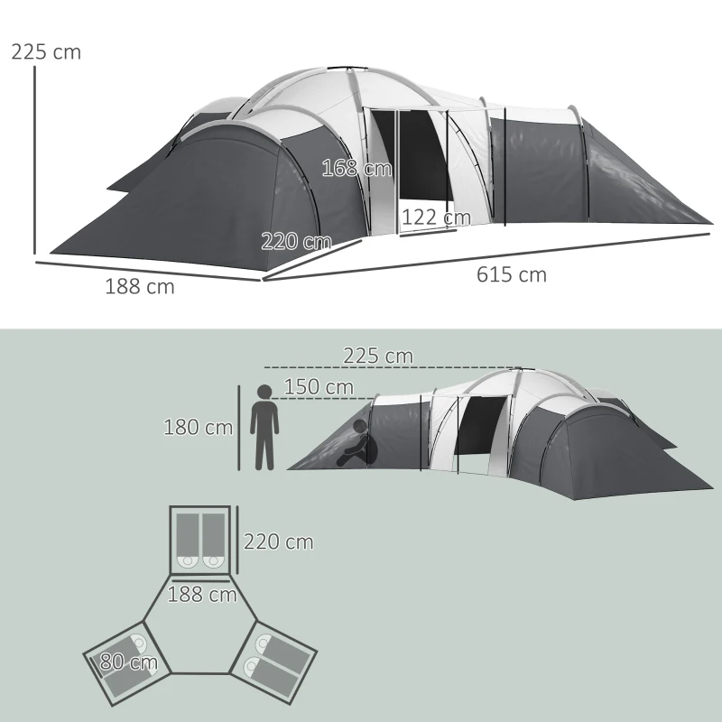 Outsunny Kampeertent voor 6-9 personen, 4 kamers, voortent, waterdicht, 615x 615x225cm, Grijs