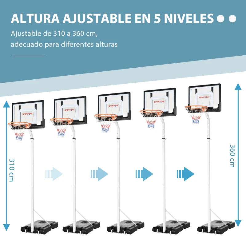 SPORTNOW Canasta de Baloncesto con Ruedas Altura Ajustable 245-305 cm y Base Rellenable para Exterior 90x83x360cm Blanco