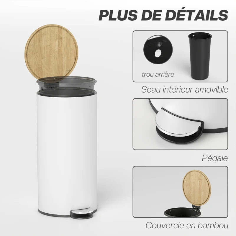 HOMCOM Poubelle cuisine 30L, poubelle à pédale avec seau intérieur amovible, couvercle à fermeture douce, 36x30x60,5cm, blanc