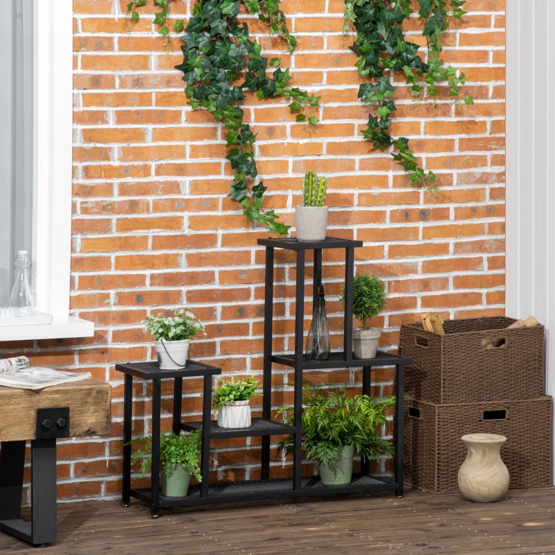 Outsunny plantenrek, plantentrap met 4 treden, bloemenrek op meerdere niveaus, plantenstandaard voor tuin, balkon, metaal, zwart, 91 x 25 x 83 cm(m-2)