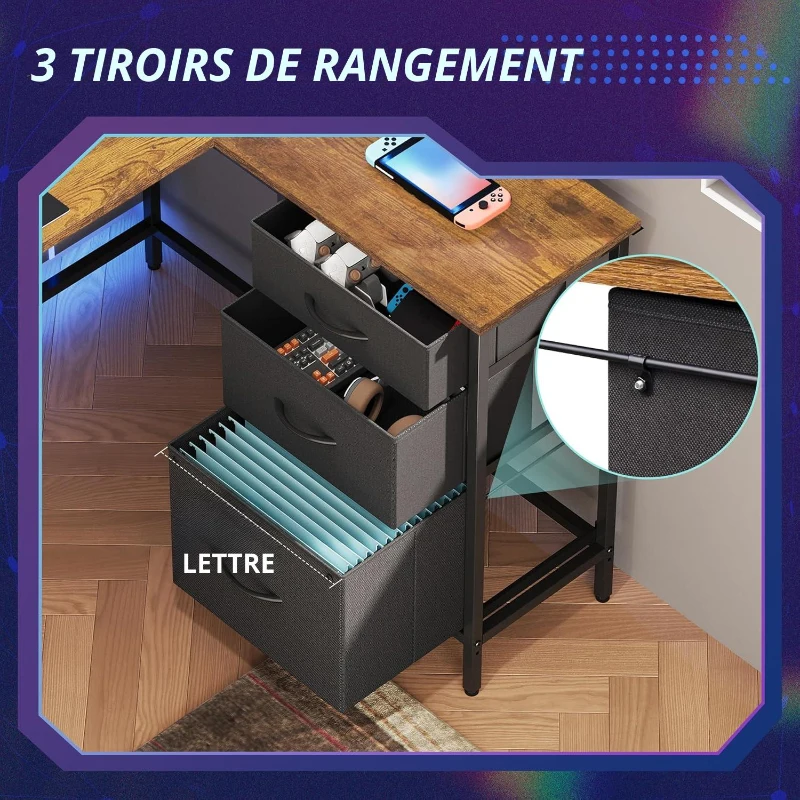 Bureau d'angle en L, LED pilotable via application et station d'alimentation intégrée, 167,5x50x87,5 cm, marron
