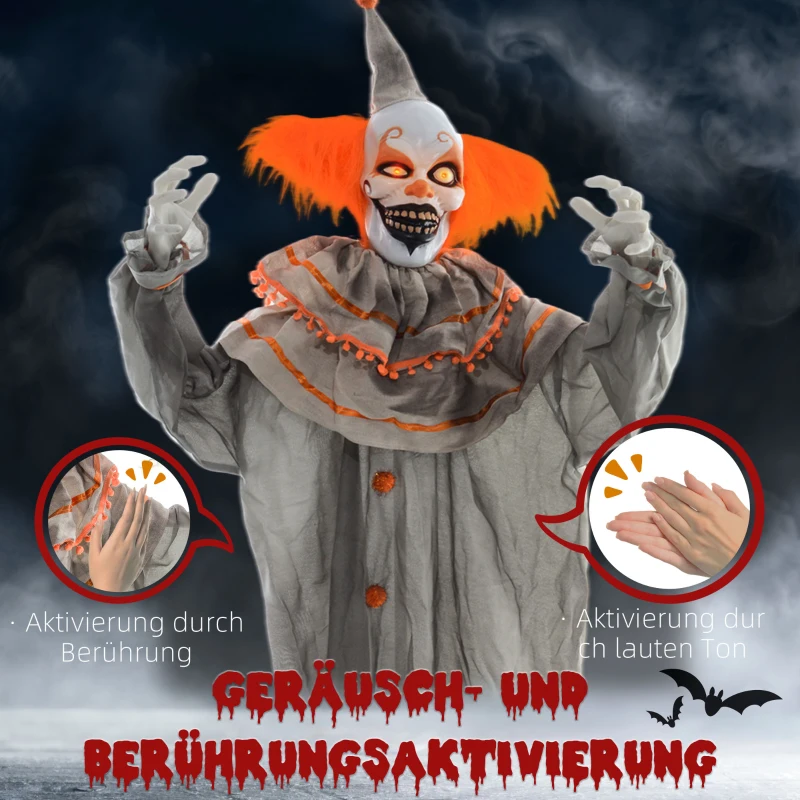 HOMCOM Halloween Decoratie Clown, Flexibele Armen, Geactiveerd door Aanraking/Geluiden, Lichtgevende Ogen