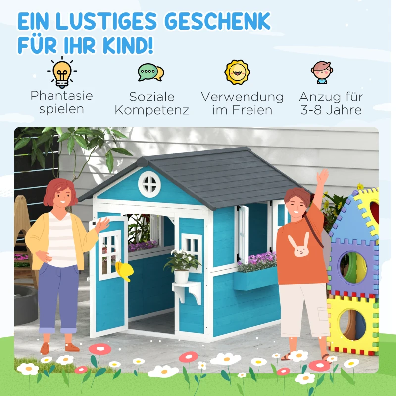Outsunny Kinderspeelhuis, houten speelhuis voor kinderen, buitenspeelhuis met ramen, bloempotten, 3-8 jaar, blauw(m-6)
