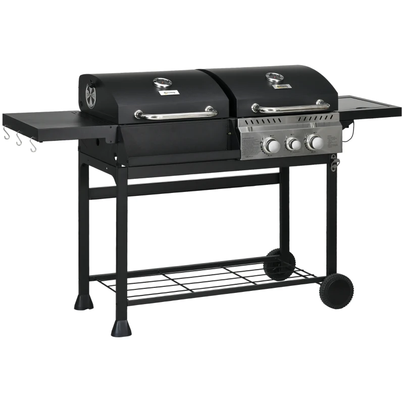 Outsunny Gasgrill BBQ-Grill, inclusief thermometer, warmhoudplaten, 161 x 54 x 103 cm, Zwart + Zilver
