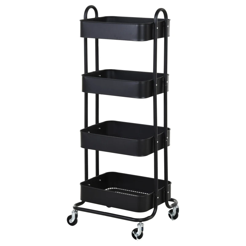 HOMCOM Metal 4-Tier Mobile Storage Serving Trolly Rolling Utility Cart Organiser Kitchen Mesh Bottom Black