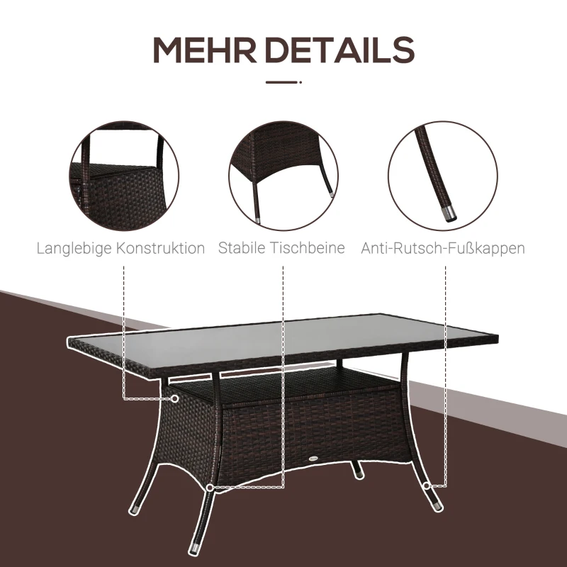 Outsunny Polyrotan tuintafel glazen tafel eettafel tuinmeubelen tafel metaal 150 x 85 x 74 cm