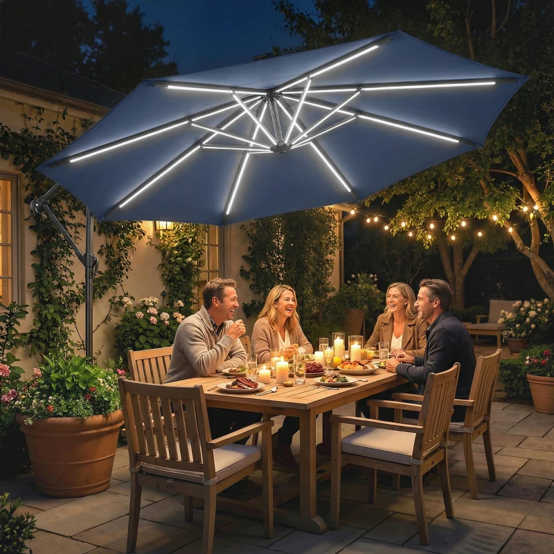 Outsunny 3 m Garden Cantilever Parasol with LED Solar Light, Round Overhanging Umbrella with 360° Rotation, Cover, Navy Blue