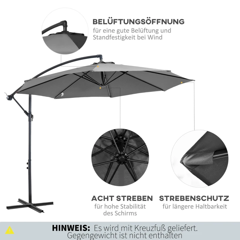 Outsunny Zonnescherm afneembare parasol, zweefparasol, zwengelparasol met handkruk, grijs
