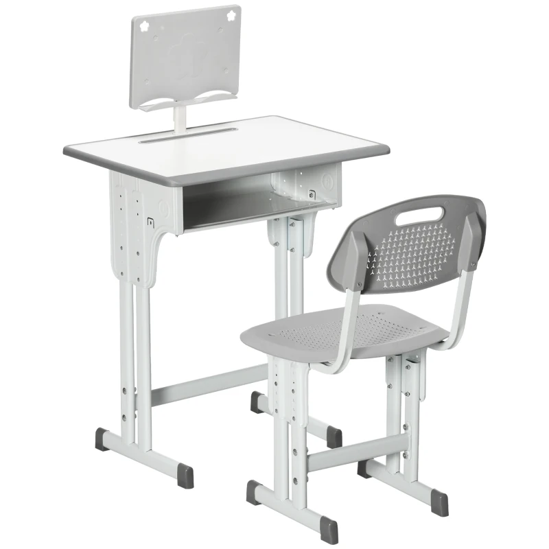 HOMCOM Bureau et chaise pour enfant avec support de lecture casier crochet et porte stylo 60 x 45x 90-102 cm gris