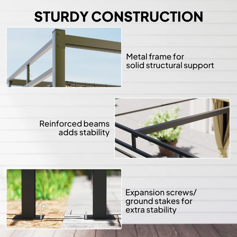 Outsunny 3 x 3 m Pergola with Retractable Roof Canopy and Curtains, UPF30+ Metal Frame Garden Pergola Gazebo Sun Shade, Khaki