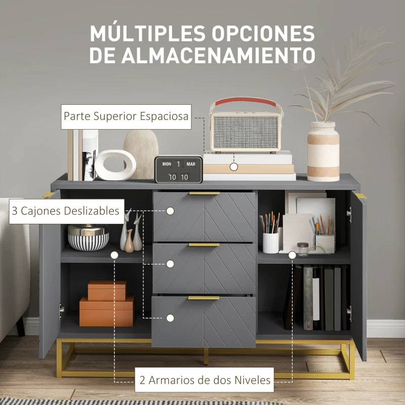 HOMCOM Aparador para Salón con 3 Cajones 2 Puertas y Estante Ajustable Mueble Auxiliar para Salón Antivuelco 120x40x76 cm Gris