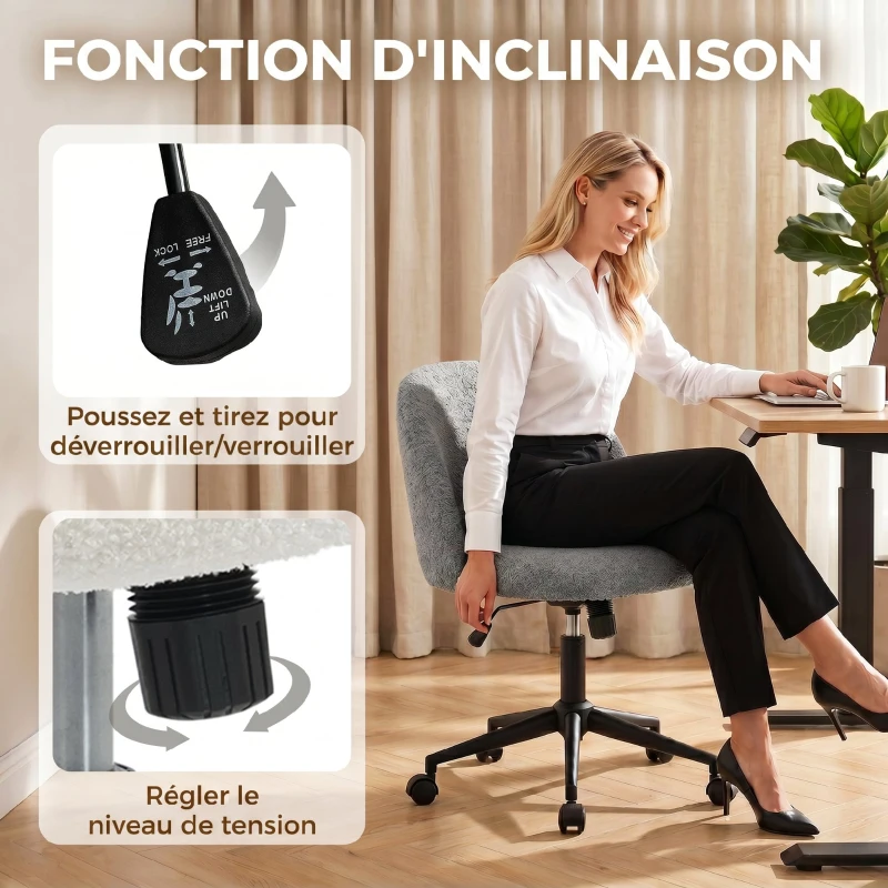 HOMCOM Chaise de Bureau Pivotante en Fourrure Teddy, Hauteur Réglable, Roulettes, Mousse Haute Résilience, Gris