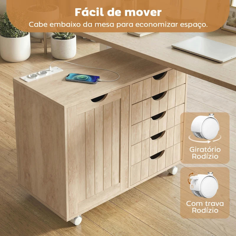 HOMCOM Móvel para Impressora com Estação de Carregamento e Rodas 5 Gavetas Portas USB Prateleira Ajustável Natural