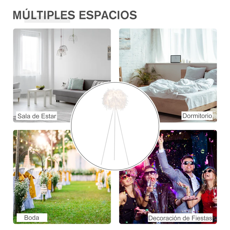 HOMCOM Lámpara de Pie con Trípode de Metal y Pantalla de Plumas con Interruptor de Pie Estilo Moderno para Dormitorio Sala de Estar Salón Estudio 54x54x147 cm Blanco