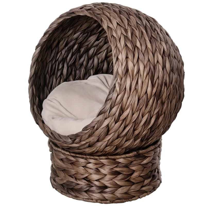 PawHut Waterhyacint kattenmand met kussen, kattenbed, huisdierbed, 50 cm x 42 cm x 60 cm, bruin+beige