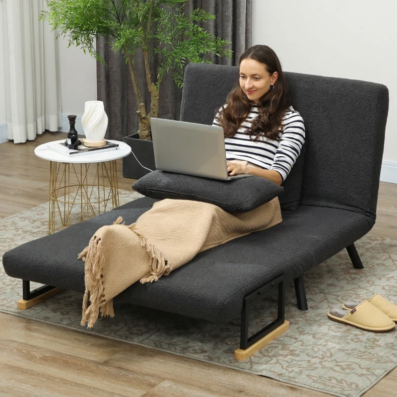HOMCOM Slaapbank 2-zits met bedfunctie, incl. 2 kussens, sherpa-look, naturel + donkergrijs + zwart