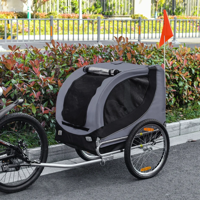 PawHut Remorcă pentru bicicletă pentru câini de talie medie, cu ferestre laterale și steguleț, 130x73x90 cm, gri și negru