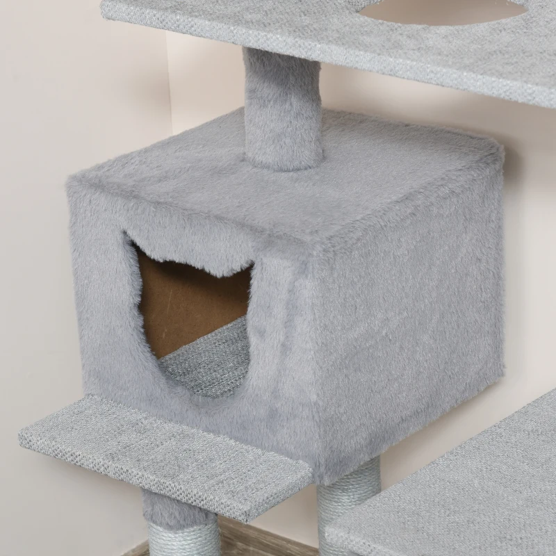 krabpaal kattenboom met kattengrot trap E1 spaanplaat jute grijs