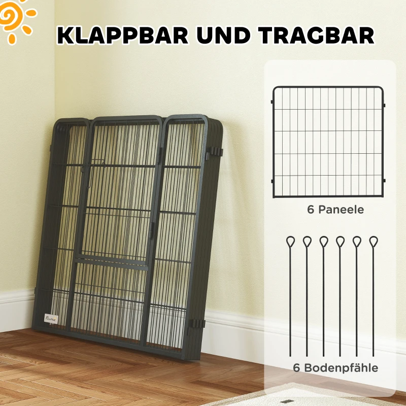 PawHut Hondenomheining, Huisdierengehege, 6 Panelen, Staal, Opvouwbaar, Zwart