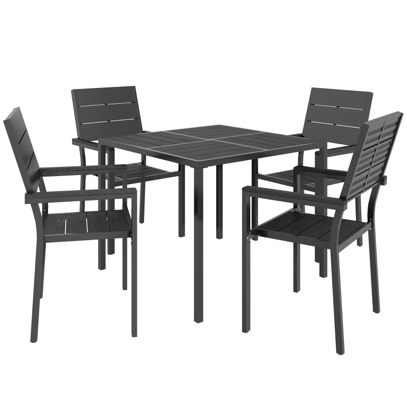 Outsunny 5 Pieces Garden Dining Set, Garden Table and Chairs Set for 4 with Square HDPE Table and Chairs with Armrests, Black
