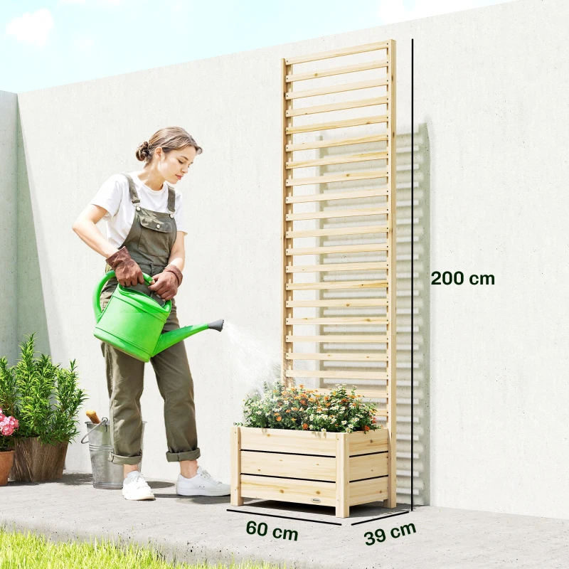 Outsunny Verhoogde plantenbak met spalier hout plantenbak met spalier afvoergat vliesvoering 60 x 39 x 200 cm natuurhout