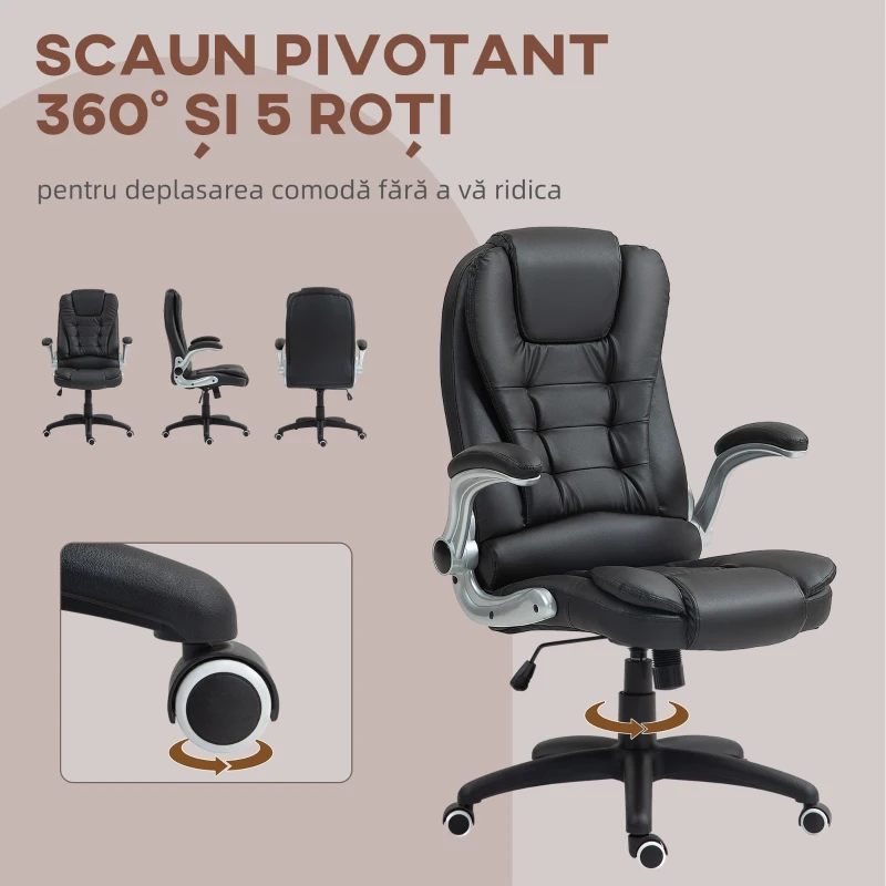 HOMCOM Scaun de Birou din Piele Sintetică PU cu Brațe Rabatabile, Spătar Înalt și Funcție de Balansare, Negru(m-7)