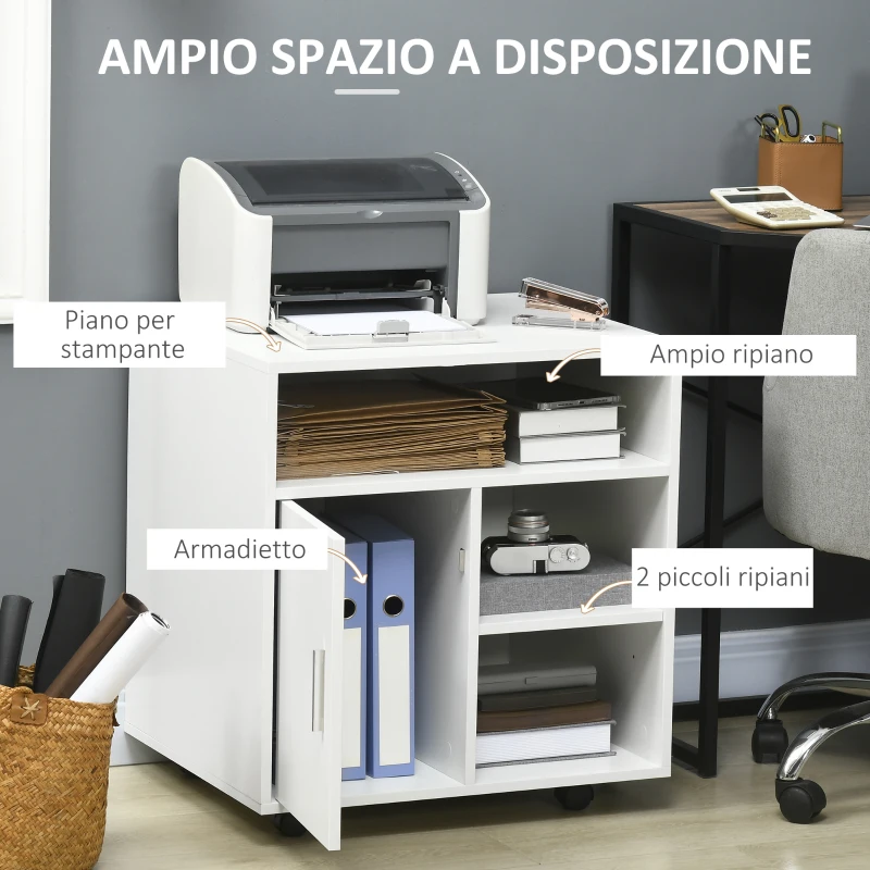 HOMCOM Mobiletto Porta Stampante con Ripiani Aperti e Armadietto in Legno, 60x50x65.5cm, Bianco